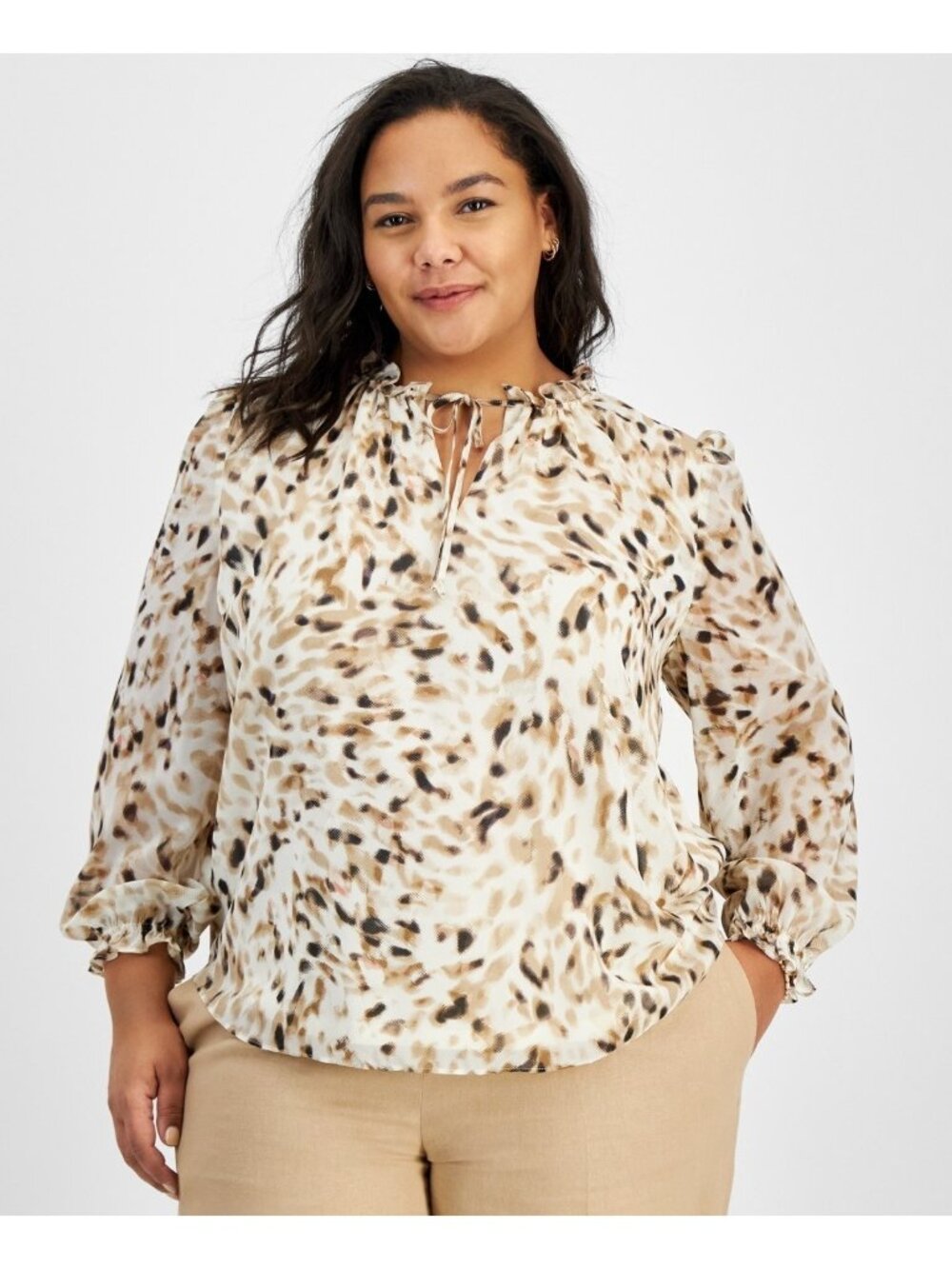 Bar Iii Printed Tie-Neck Split neckline Blouse Brown Beige Plus Size 2X $79 SALE